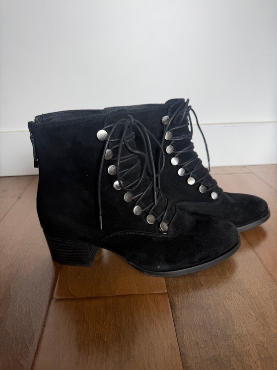 Earth Black Suede Lace-Up Ankle Boots with Button Detail - Picture 6 of 7